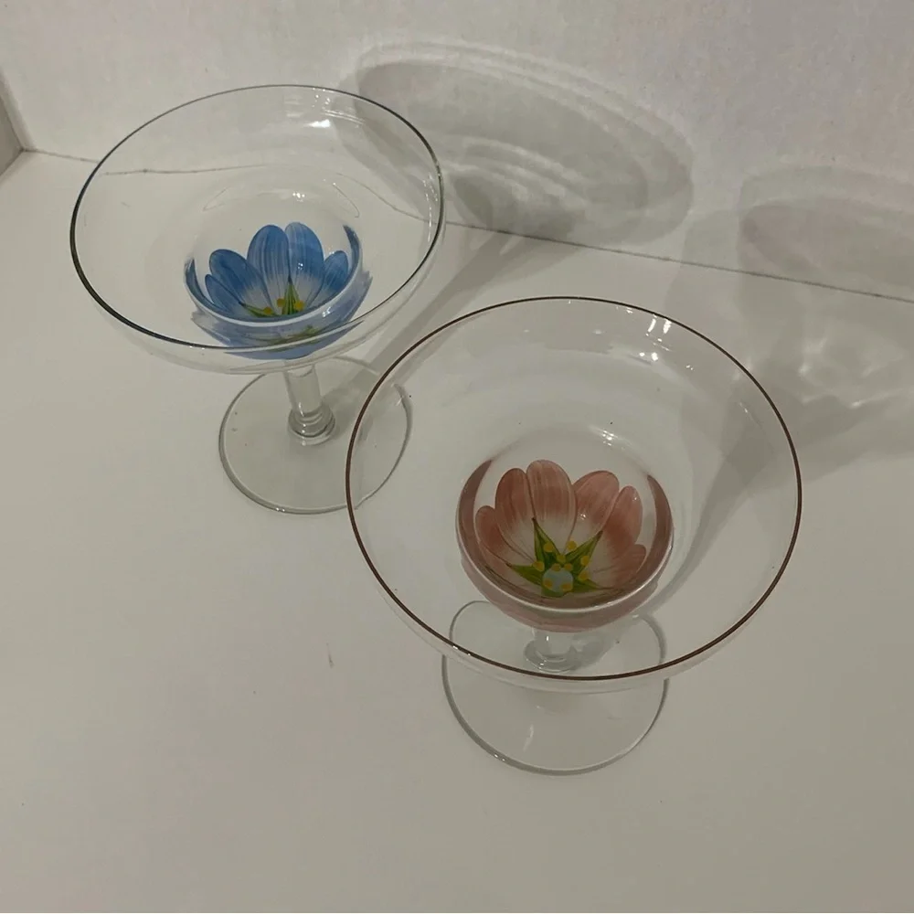 Margarita Glasses Hand-Painted Floral Design Vintage | Set of 2